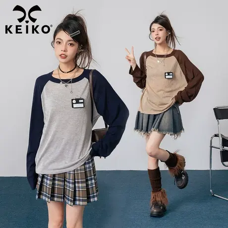 KEIKO 拼色插肩袖针织衫女2024春季美式复古宽松薄款内搭打底上衣商品大图