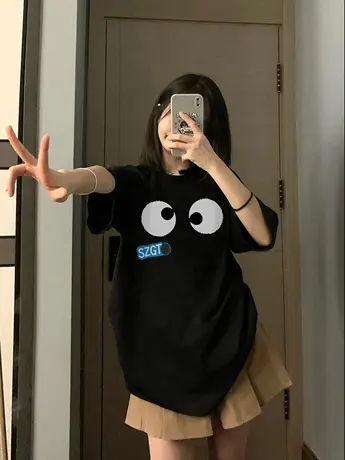 重磅纯棉黑色短袖t恤女夏季ins潮宽松百搭原创小众设计感宽松上衣商品大图