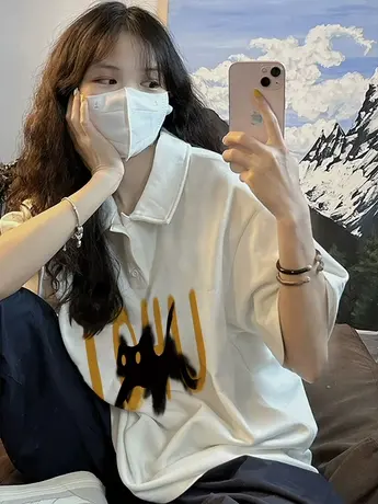 纯棉Polo领短袖t恤女夏季2024新款学院风美式复古宽松半袖上衣服商品大图