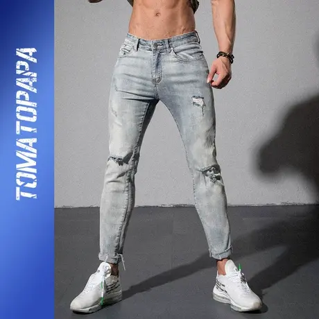 TOMATOPAPA原创欧美潮流破洞牛仔裤型男修身弹力小脚运动牛仔长裤商品大图