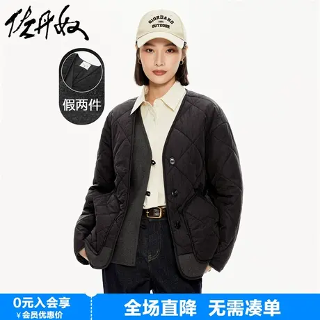 佐丹奴外套女新款小众保暖棉服时髦拼接假两件V领棉衣女18373214商品大图