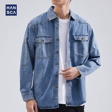 hansca美式复古牛仔长袖衬衫男秋季新款潮流时尚宽松大码开衫外套商品大图