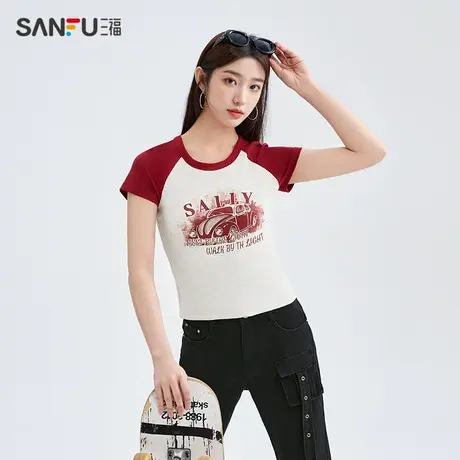 三福短T恤2024夏季美式复古插肩修身短款圆领上衣女装484210商品大图