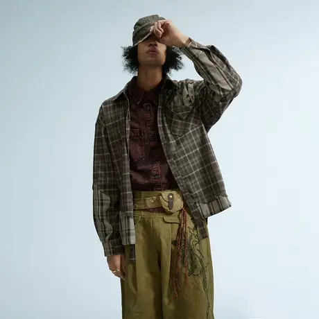 美式复古做旧拼接格子衬衫男士春季2024新款百搭潮牌情侣宽松衬衣图片