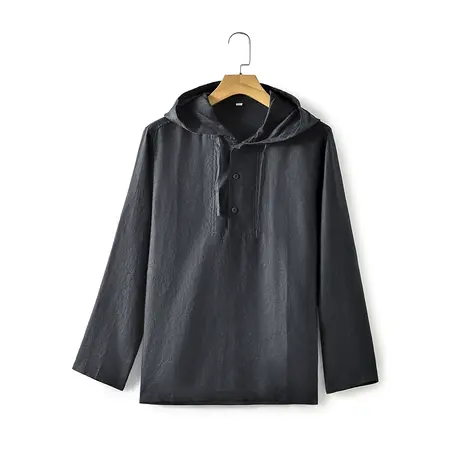 亚麻休闲衬衫男2024春季新款宽松男士外搭连帽长袖衬衣复古上衣潮图片