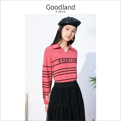 Goodland女装2022冬季条纹撞色羊毛混纺针织衫上衣商品大图