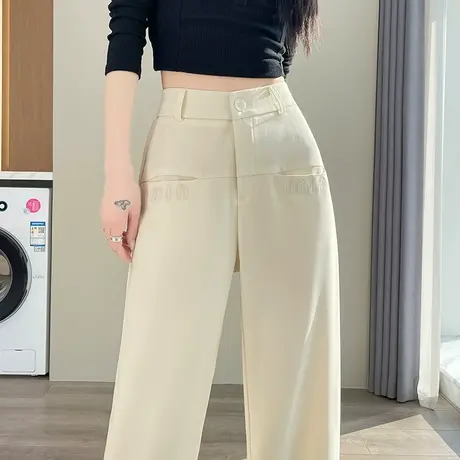 白色刺绣窄版阔腿裤女2024春夏新款高腰显瘦宽松垂感休闲拖地长裤商品大图