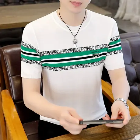 薄款夏季冰麻凉感伊力特针织衫短袖t恤男款潮流提花条纹冰丝体恤商品大图