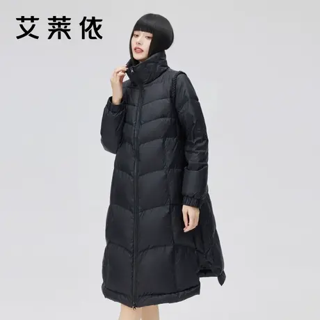 艾莱依2022年新款羽绒服女款宽松中长款拼接冬设计感编织通勤外套商品大图