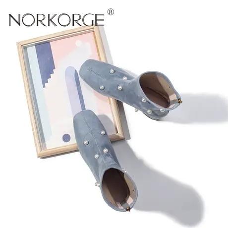 2023新款冬季复古文艺灰蓝色时装弹力瘦瘦靴女靴真皮方头珍珠短靴商品大图