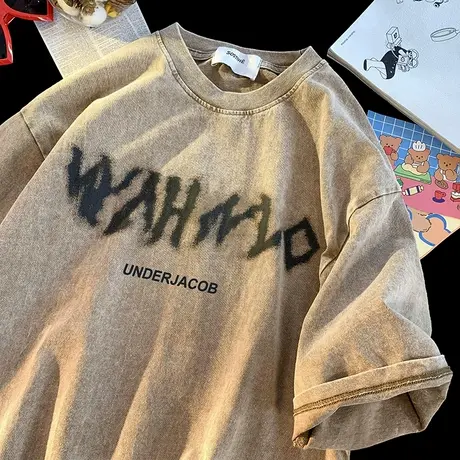 短袖T恤男2023年夏季上衣宽松纯棉内搭美式潮流做旧水洗打底复古t商品大图