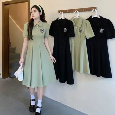夏装新款大码胖mm学院风polo领连衣裙女士收腰显瘦短袖A字裙200斤图片