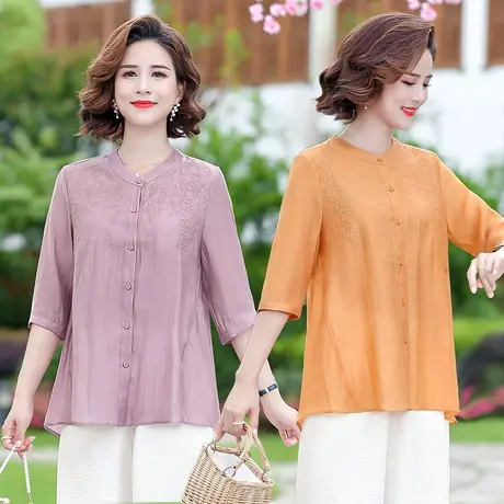 中老年女春秋新款衬衣打底衫洋气夏季遮肚中年妈妈秋装七分袖上衣商品大图