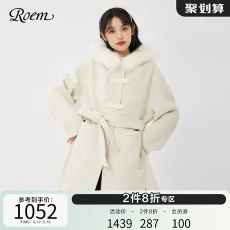 Roem秋冬商场同款连帽毛领复古斗篷型含绵羊毛显瘦毛呢外套女图片