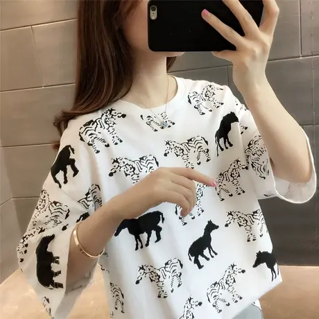 春夏新款韩版印花短袖t恤女2023新款宽松短款圆领百搭打底上衣潮图片