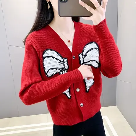 春装2023新款红色针织开衫女V领长袖宽松显瘦百搭洋气外套毛衣女图片