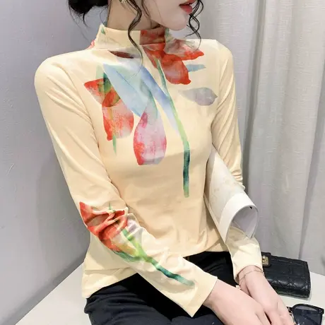 欧货金丝绒打底衫女秋冬2023新款时尚半高领T恤长袖别致印花上衣商品大图