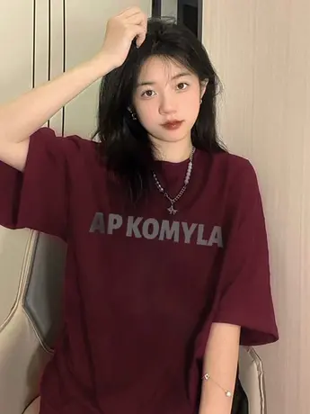 美式复古潮牌短袖t恤女夏季新款宽松oversize酒红色纯棉半袖上衣图片
