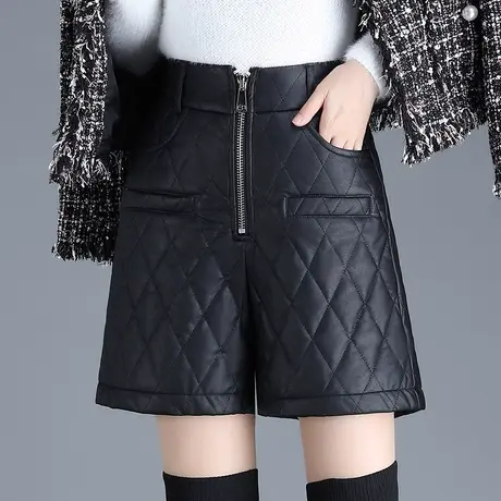 时尚加棉PU皮短裤女冬季2023新款高腰显瘦a字阔腿裤加厚休闲靴裤图片