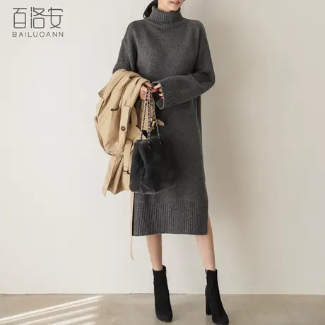 百洛安中长款针织长袖连衣裙女冬装新款高领套头加厚毛衣长款裙子图片