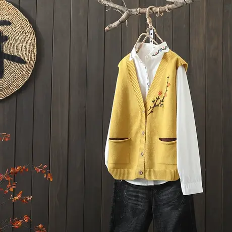 枫谜2020年秋冬新款文艺刺绣针织开衫马夹女宽松针织坎肩毛衣外套图片