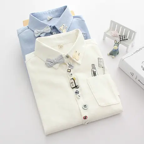 2020春新款学院风彩色纽扣百搭白色长袖衬衫女生宽松韩版打底衬衣商品大图