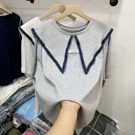 欧货时尚荷叶边短袖t恤女2021夏季新款宽松设计感小众半袖上衣服图片