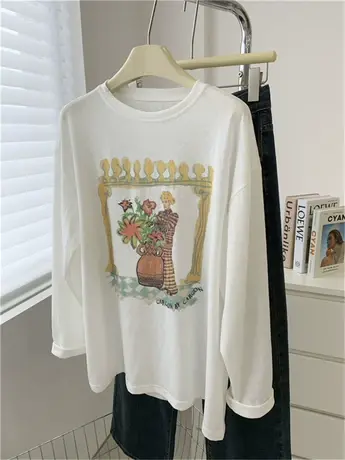 复古印花圆领长袖防晒罩衫女早秋雪花棉白色外穿宽松休闲套头T恤商品大图