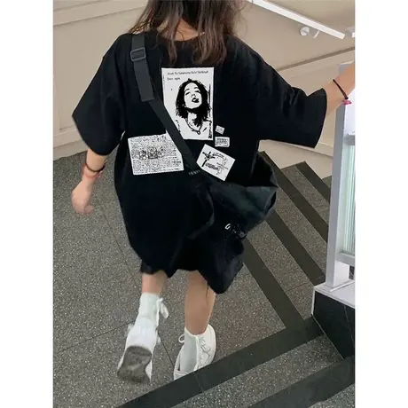 纯棉美式设计感小众短袖t恤女夏季ins潮牌宽松港味复古chic上衣服图片