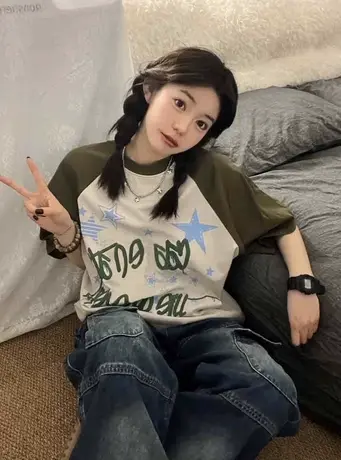 纯棉拼色插肩短袖t恤女夏季2023新款宽松小众设计感港味chic上衣图片