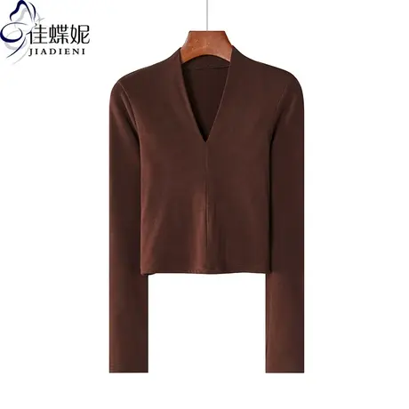 春秋新款韩版深V领修身短款纯色长袖体恤上衣女内搭打底衫T恤露脐商品大图