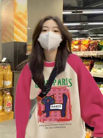 插肩袖拼色圆领卫衣女春秋薄款小众设计感宽松无帽港风chic上衣潮商品大图