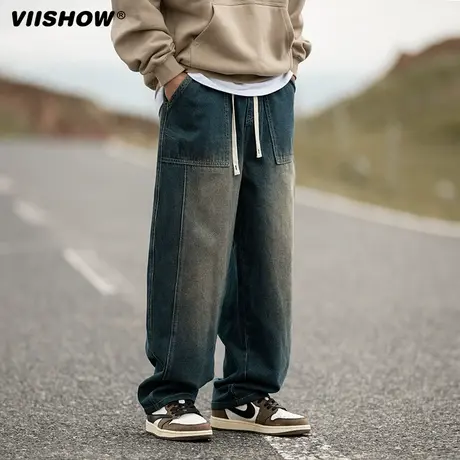 VIISHOW美式复古牛仔裤男秋季潮牌水洗做旧裤子直筒宽松阔腿裤商品大图
