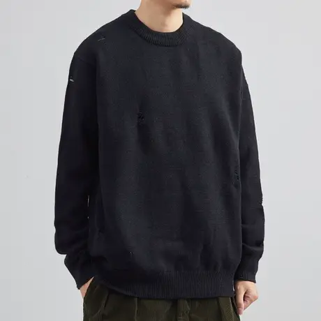 韩版黑色毛衣男暗黑高街破洞毛线衣秋冬2022痞帅破坏感原创针织衫图片