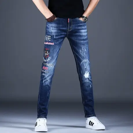 蓝色破洞刺绣牛仔裤男修身小脚男款高端潮牌夏季2023新款裤子男款商品大图