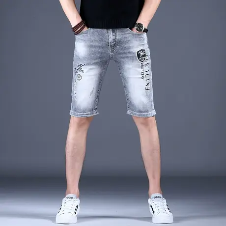 男士高档浅色刺绣牛仔短裤男款秋款男裤休闲五分裤子潮牌潮流中裤图片
