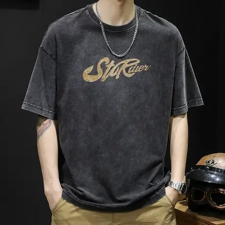 美式复古短袖t恤男士半袖潮牌大码2023新款男装纯棉重磅体恤夏季商品大图