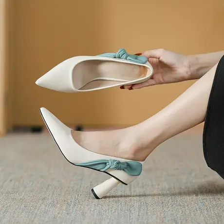 高跟鞋女粗跟2023年春夏季新款法式气质蝴蝶结配裙子尖头浅口单鞋图片