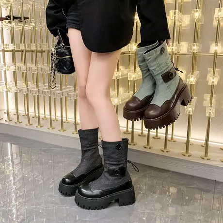 短靴女2023秋新款厚底松糕炸街拼接帆布超火网红复古显瘦增高靴子图片