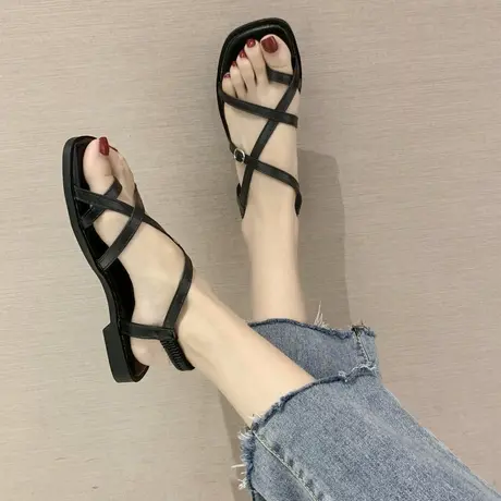 2023夏季新款平底低跟平跟女凉鞋套趾细带罗马鞋百搭学生休闲女鞋商品大图