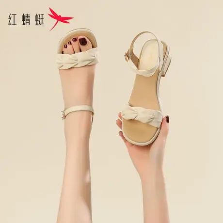 红蜻蜓仙女风凉鞋配裙子一字带露趾夏季女鞋白色高级感低跟高跟鞋商品大图
