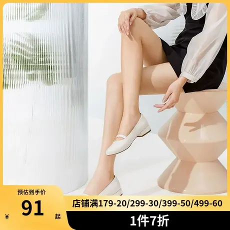 骆驼女鞋春夏真皮一字带高跟单鞋女粗跟包头仙女风坡跟凉鞋女图片