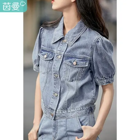 茵曼翻领牛仔衬衣女2022夏季新款泡泡袖夹克休闲外搭棉质短袖上衣商品大图