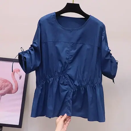 2023夏季新款韩版不规则宽松减龄上衣娃娃衫圆领抽绳褶皱衬衫女商品大图