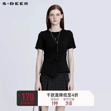 sdeer圣迪奥设计感上衣休闲圆领格纹拼接短袖T恤S222Z0112👝商品大图