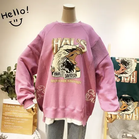 2020春款韩国东大门cec潮港风宽松BF帅气老鹰休闲毛圈棉卫衣大码图片