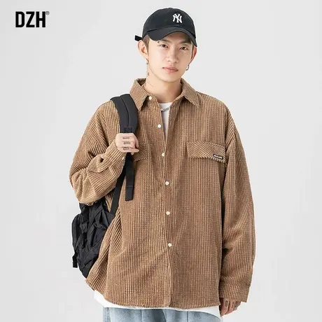 DZH日系卡其色玉米格秋季衬衫男长袖ins潮宽松衬衣灯芯绒休闲外套商品大图