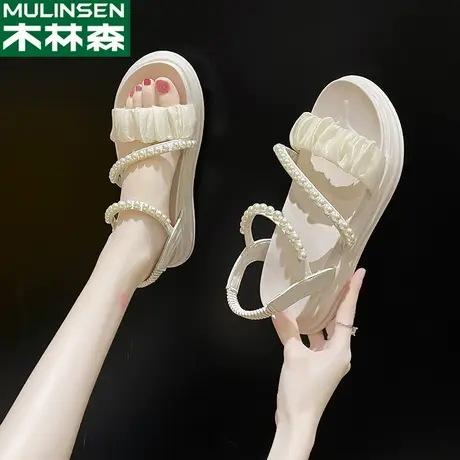 木林森时装凉鞋女士2024新款夏外穿罗马沙滩鞋仙女风珍珠厚底凉拖图片