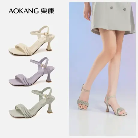 奥康女鞋夏季新款一字带露趾中空时装凉鞋薄荷曼波通勤细高跟图片