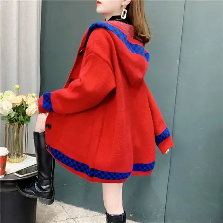 新年红色连帽针织开衫女2022年早春新款宽松慵懒风百搭毛衣外套潮商品大图